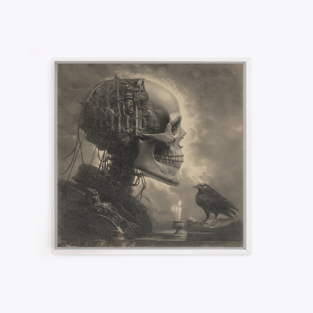 The Biomechanical Skeleton, Symbolist Etching Art, Square Wall Art, Dark Fantasy Wall Art, Canvas Print, Halloween Wall Art
