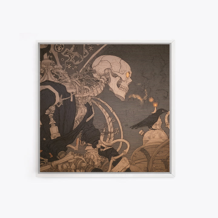 The Biomechanical Skeleton, Decadent Line Art, Square Wall Art, Gothic Horror Wall Art, Framed Canvas Print, Halloween Wall Art