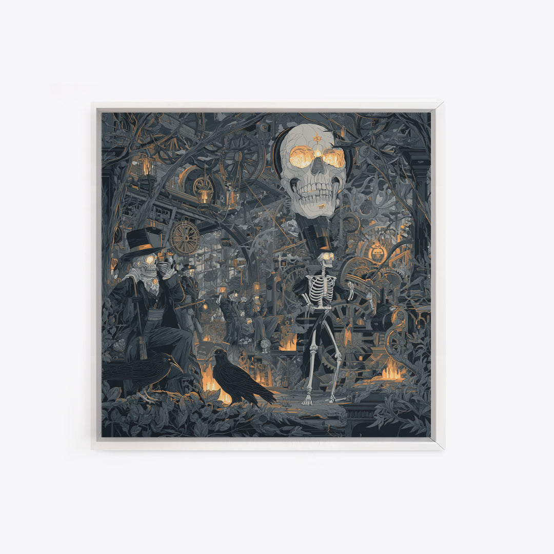 The Biomechanical Skeleton, Macabre Folk Print Art, Square Wall Art, Dark Fantasy Wall Art, Canvas Print, Halloween Wall Art