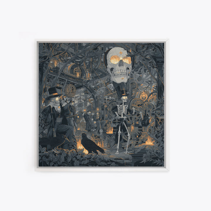 The Biomechanical Skeleton, Macabre Folk Print Art, Square Wall Art, Dark Fantasy Wall Art, Canvas Print, Halloween Wall Art