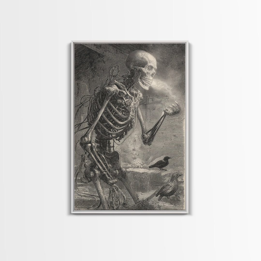 The Biomechanical Skeleton, Victorian Macabre Art, Vertical Wall Art, Dark Fantasy Wall Art, Framed Canvas Print, Halloween Wall Art