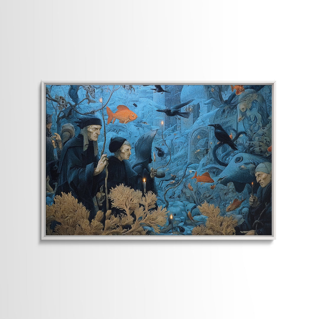 The Underwater Graveyard, Medieval Grotesque Art, Landscape Wall Art, Dark Halloween Decor, Framed Canvas Print, Halloween Wall Art