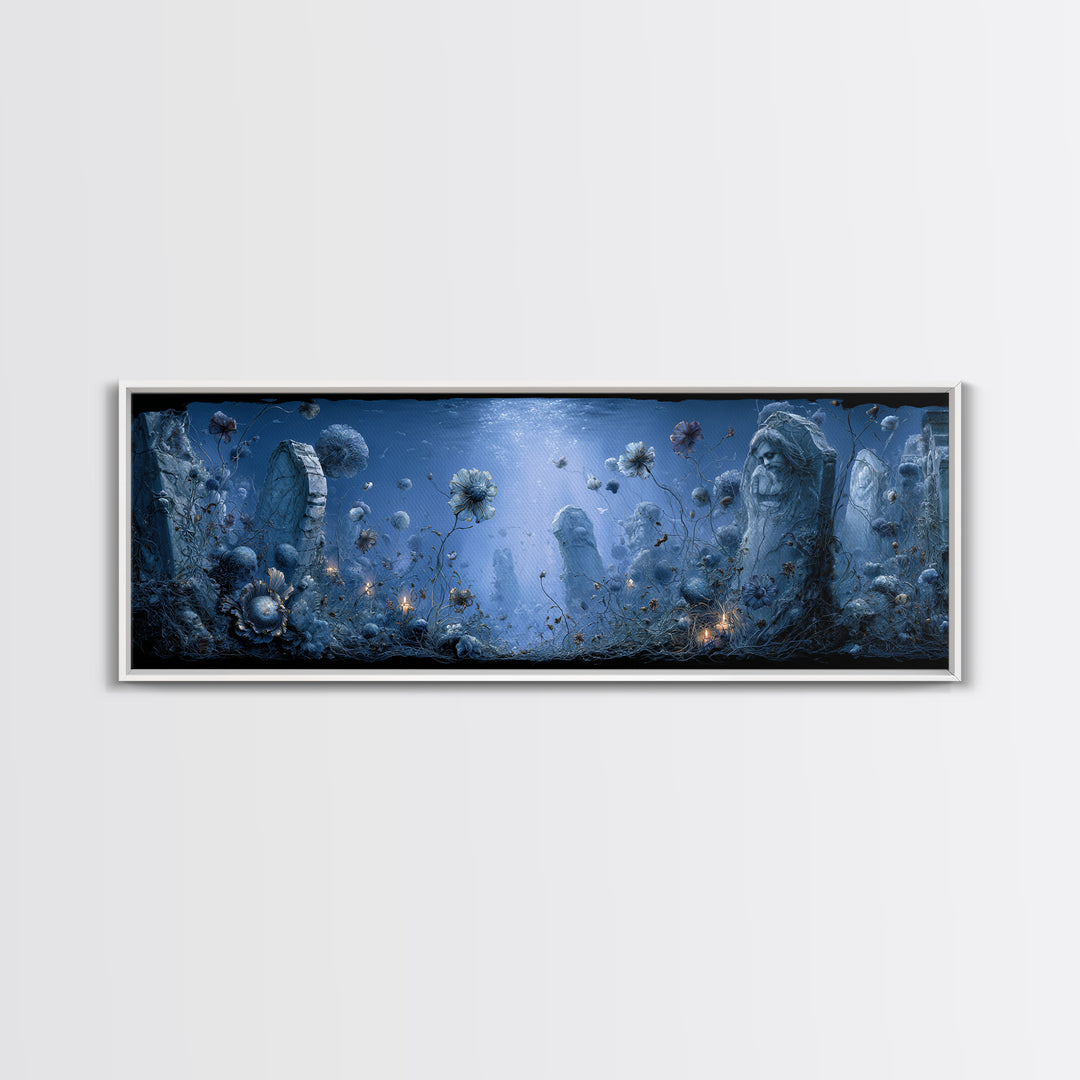 The Underwater Graveyard, Symbolist Dream Art, Extra Wide Wall Art, Dark Halloween Decor, Canvas Print, Halloween Wall Art
