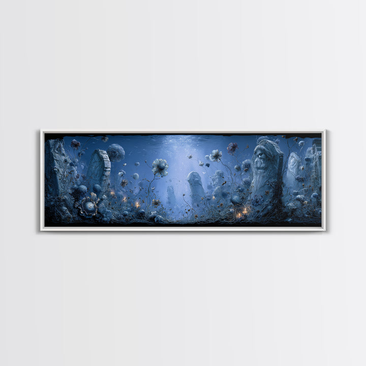 The Underwater Graveyard, Symbolist Dream Art, Extra Wide Wall Art, Dark Halloween Decor, Canvas Print, Halloween Wall Art