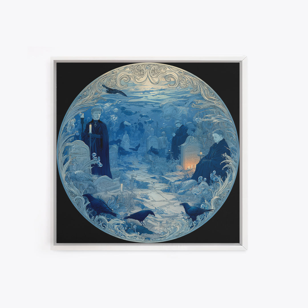 The Underwater Graveyard, Symbolist Death Art, Square Wall Art, Dark Fantasy Wall Art, Framed Canvas Print, Halloween Wall Art