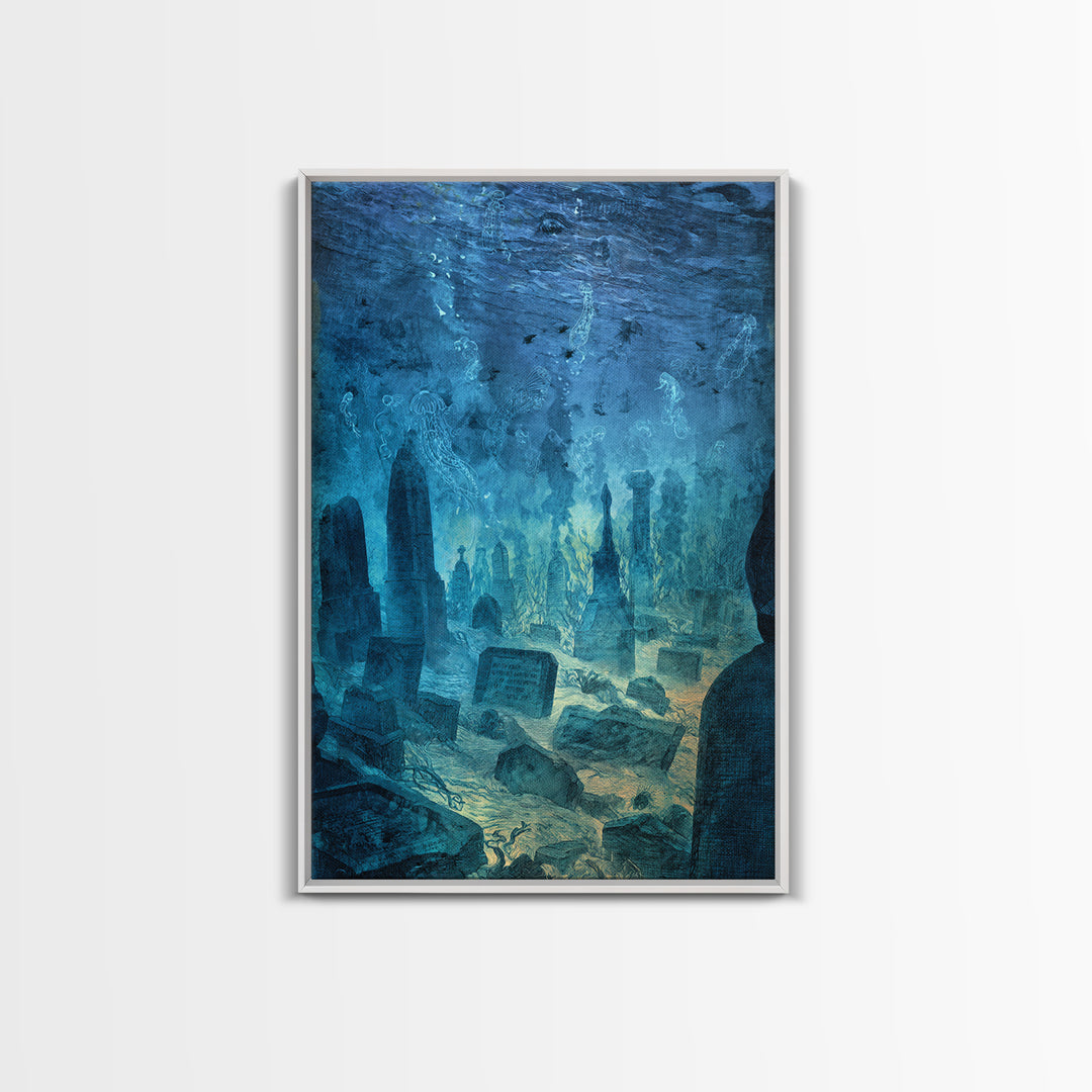 The Underwater Graveyard, Expressionist Gothic Art, Vertical Wall Art, Dark Fantasy Wall Art, Framed Canvas Print, Halloween Wall Art