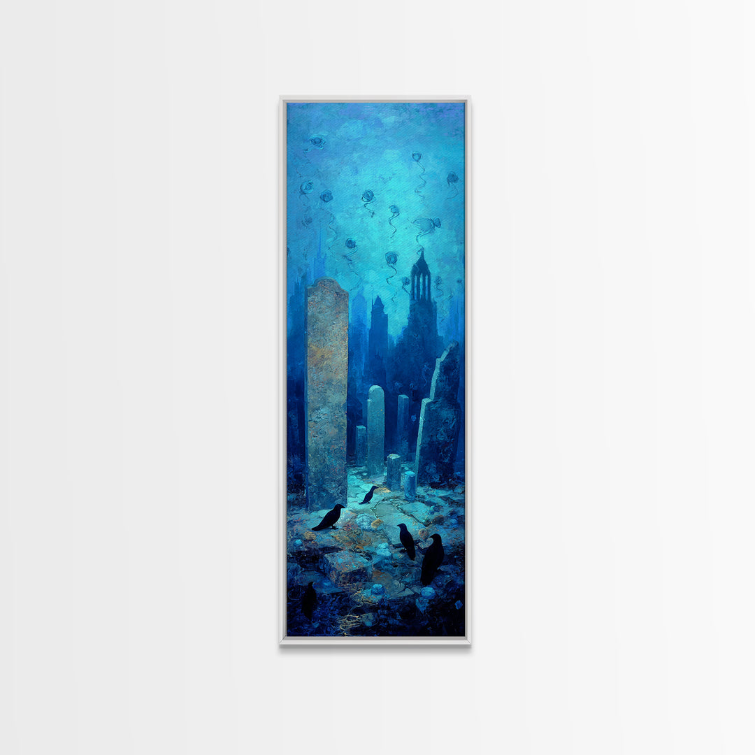 The Underwater Graveyard, Surreal Apocalyptic Art, Tall Narrow Wall Art, Gothic Horror Wall Art, Framed Canvas Print