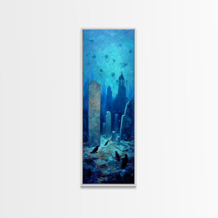 The Underwater Graveyard, Surreal Apocalyptic Art, Tall Narrow Wall Art, Gothic Horror Wall Art, Framed Canvas Print