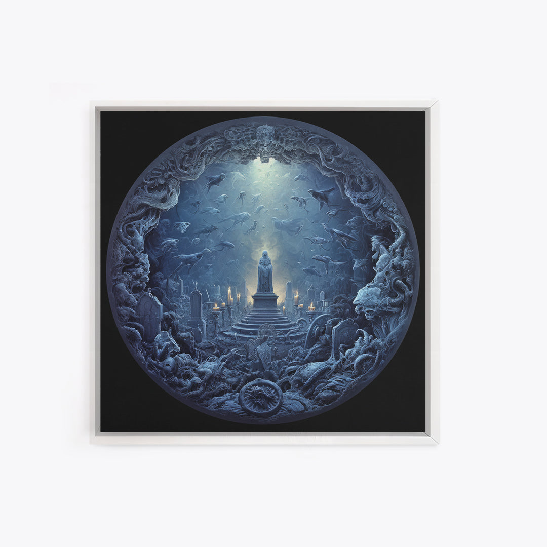 The Underwater Graveyard, Biomechanical Horror Art, Square Wall Art, Dark Fantasy Wall Art, Framed Canvas Print, Halloween Wall Art