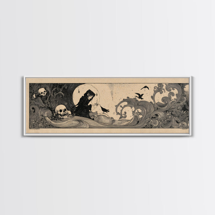 Desert Halloween, Decadent Line Art, Extra Wide Wall Art, Macabre Wall Art, Framed Canvas Print, Halloween Wall Art