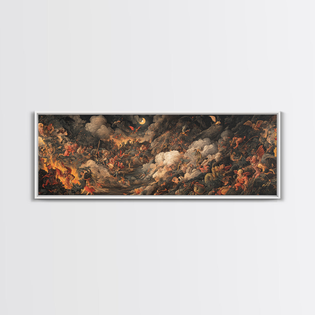 The Volcanic Demon Festival, Medieval Grotesque Art, Extra Wide Wall Art, Dark Halloween Decor, Framed Canvas Print