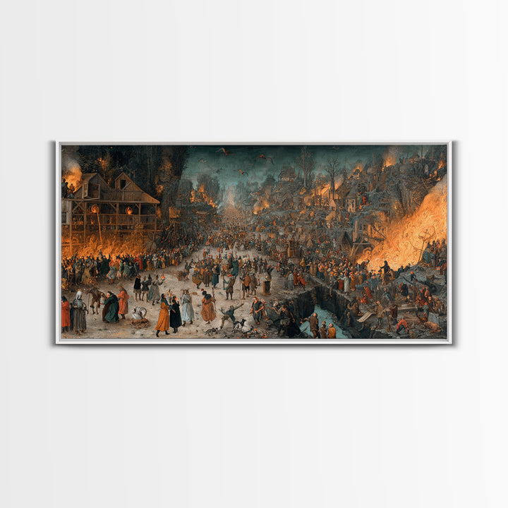 The Volcanic Demon Festival, Northern Renaissance Horror, Wide Panoramic Art, Gothic Horror Wall Art, Framed Canvas Print