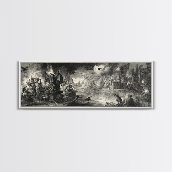 The Volcanic Demon Festival, Renaissance Engraving Art, Extra Wide Wall Art, Dark Halloween Decor, Canvas Print, Halloween Wall Art