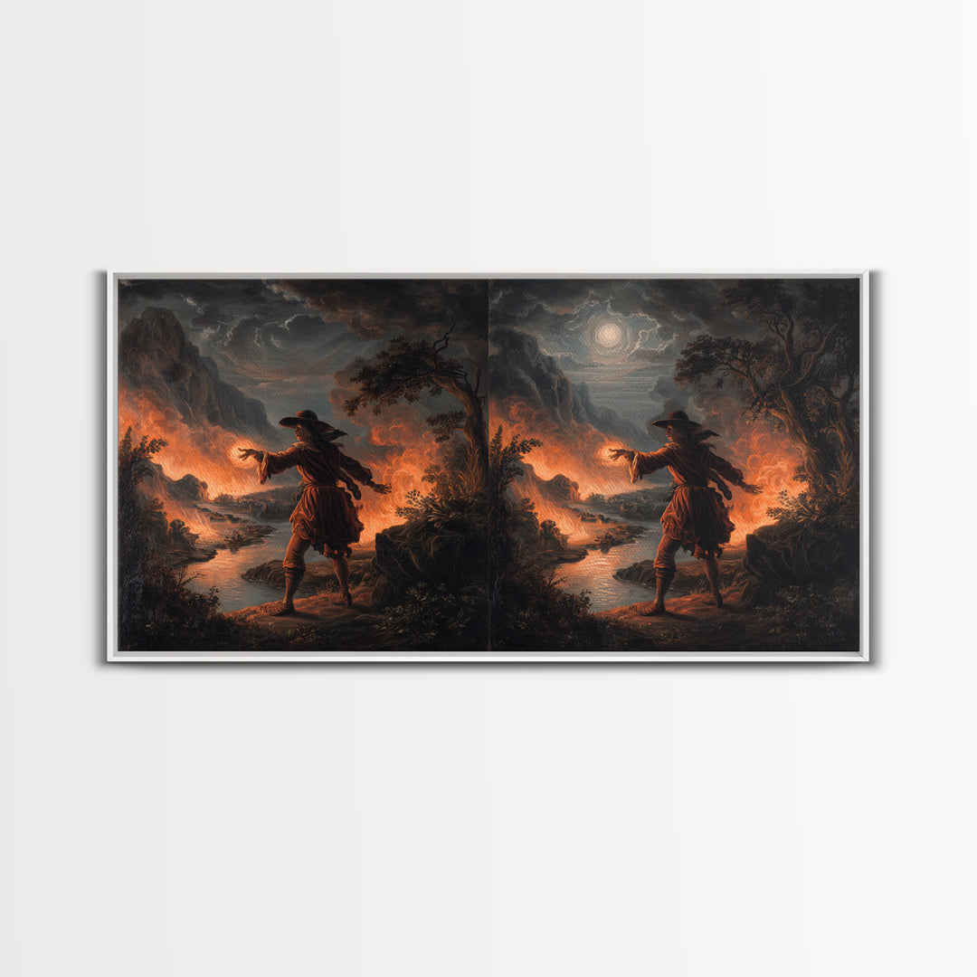 The Volcanic Demon Festival, Baroque Witchcraft Art, Wide Panoramic Art, Gothic Horror Wall Art, Framed Canvas Print, Halloween Wall Art