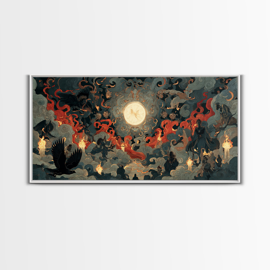 The Volcanic Demon Festival, Visionary Gothic Art, Wide Panoramic Art, Macabre Wall Art, Framed Canvas Print, Halloween Wall Art