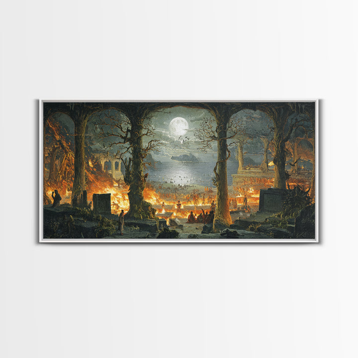 The Volcanic Demon Festival, Romantic Gothic Landscape, Wide Panoramic Art, Dark Halloween Decor, Canvas Print, Halloween Wall Art