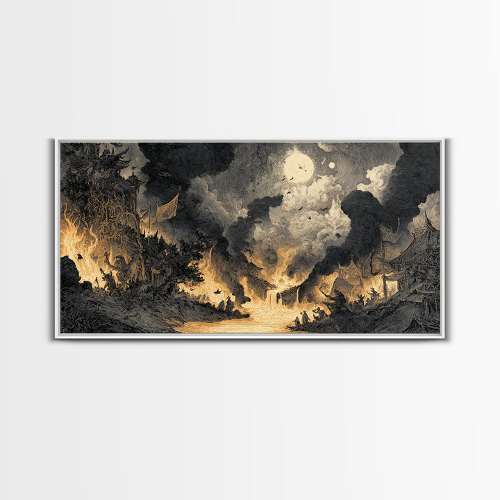 The Volcanic Demon Festival, Expressionist Nightmare Art, Wide Panoramic Art, Dark Halloween Decor, Canvas Print, Halloween Wall Art