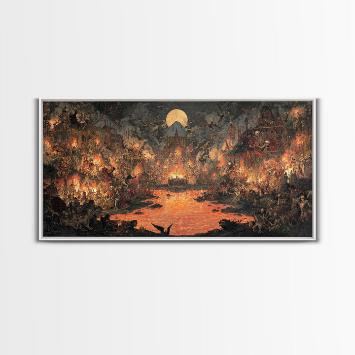 The Volcanic Demon Festival, Grotesque Carnival Art, Wide Panoramic Art, Dark Fantasy Wall Art, Framed Canvas Print, Halloween Wall Art
