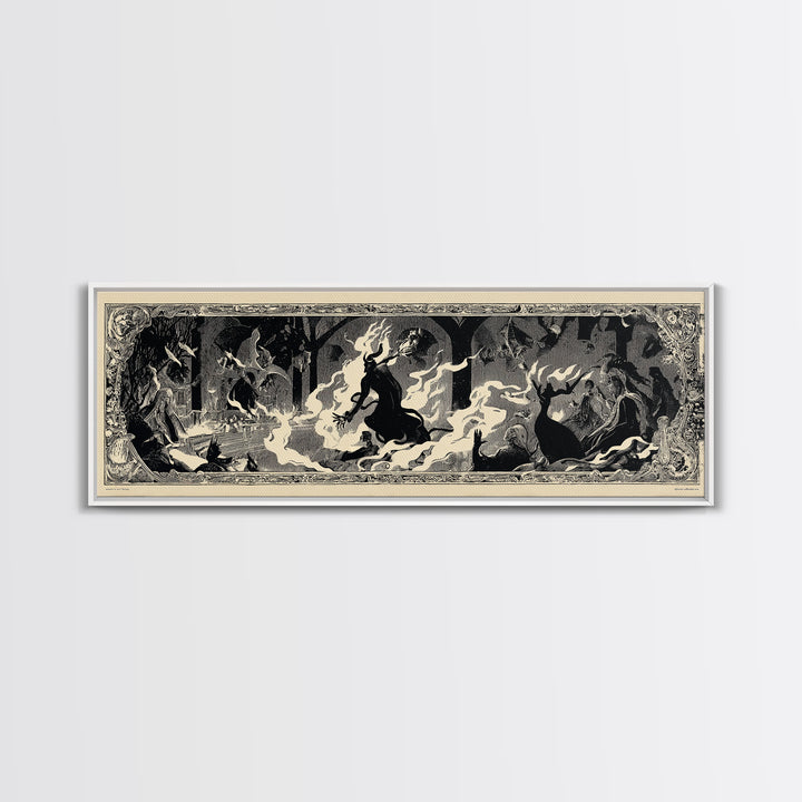 The Volcanic Demon Festival, Decadent Line Art, Extra Wide Wall Art, Dark Halloween Decor, Framed Canvas Print