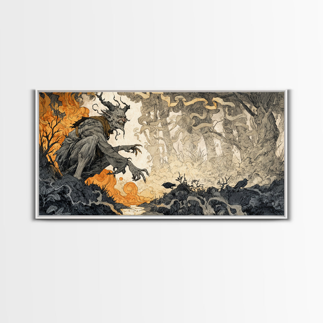 The Volcanic Demon Festival, Gothic Storybook Art, Wide Panoramic Art, Macabre Wall Art, Canvas Print, Halloween Wall Art
