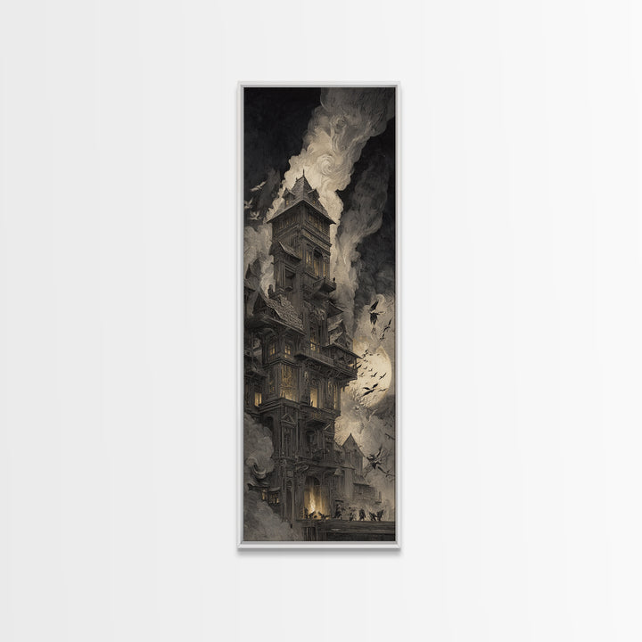 The Clockwork Haunted House, Gothic Engraving Art, Tall Narrow Wall Art, Dark Fantasy Wall Art, Canvas Print, Halloween Wall Art
