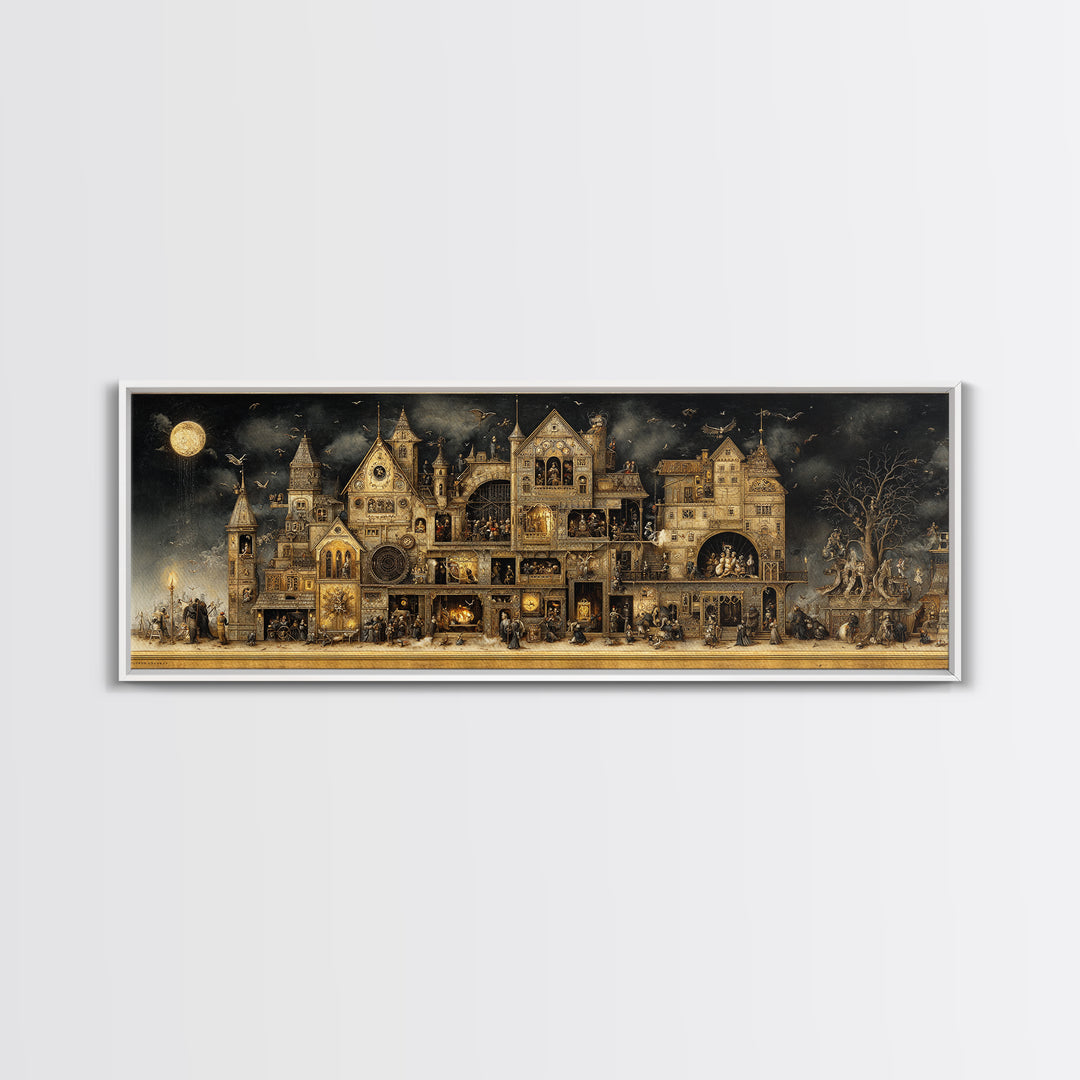 The Clockwork Haunted House, Medieval Grotesque Art, Extra Wide Wall Art, Gothic Horror Wall Art, Canvas Print, Halloween Wall Art