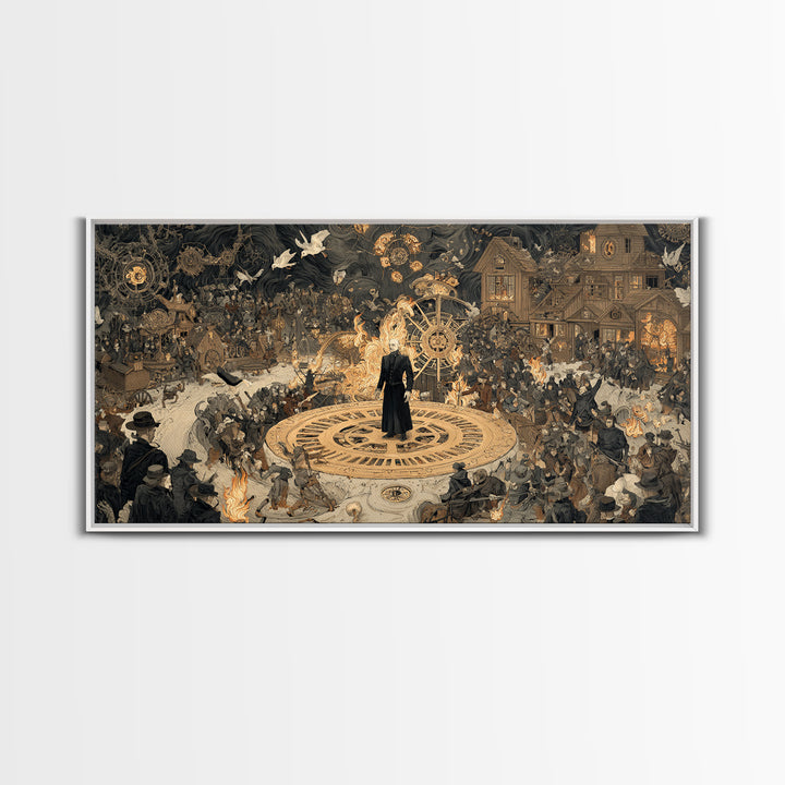 The Clockwork Haunted House, Northern Renaissance Horror, Wide Panoramic Art, Macabre Wall Art, Framed Canvas Print