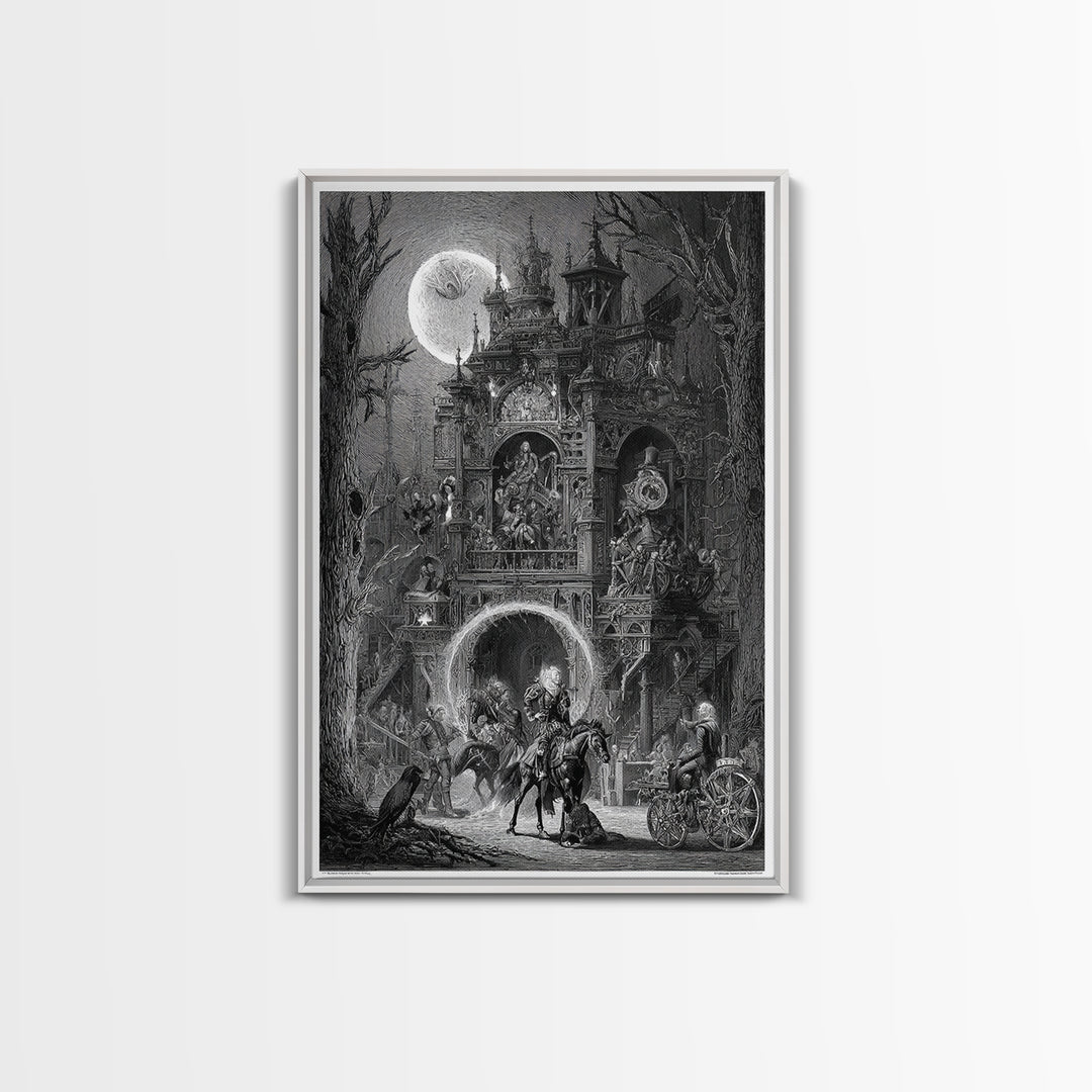The Clockwork Haunted House, Renaissance Engraving Art, Vertical Wall Art, Macabre Wall Art, Framed Canvas Print, Halloween Wall Art