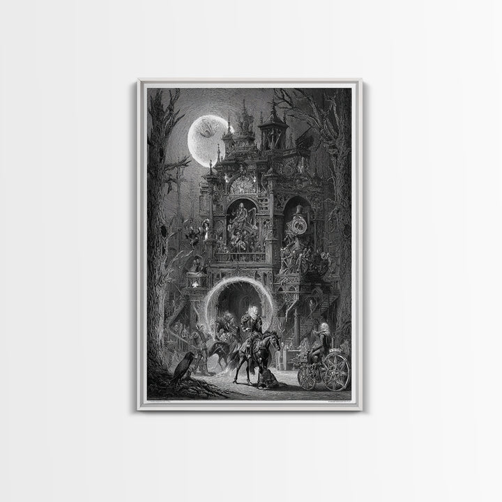The Clockwork Haunted House, Renaissance Engraving Art, Vertical Wall Art, Macabre Wall Art, Framed Canvas Print, Halloween Wall Art