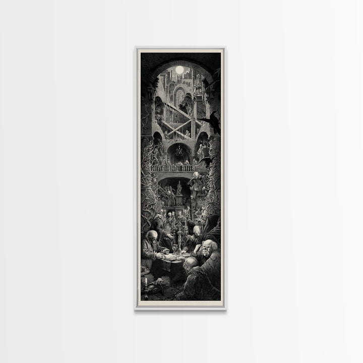 The Clockwork Haunted House, Architectural Etching Art, Tall Narrow Wall Art, Dark Halloween Decor, Canvas Print