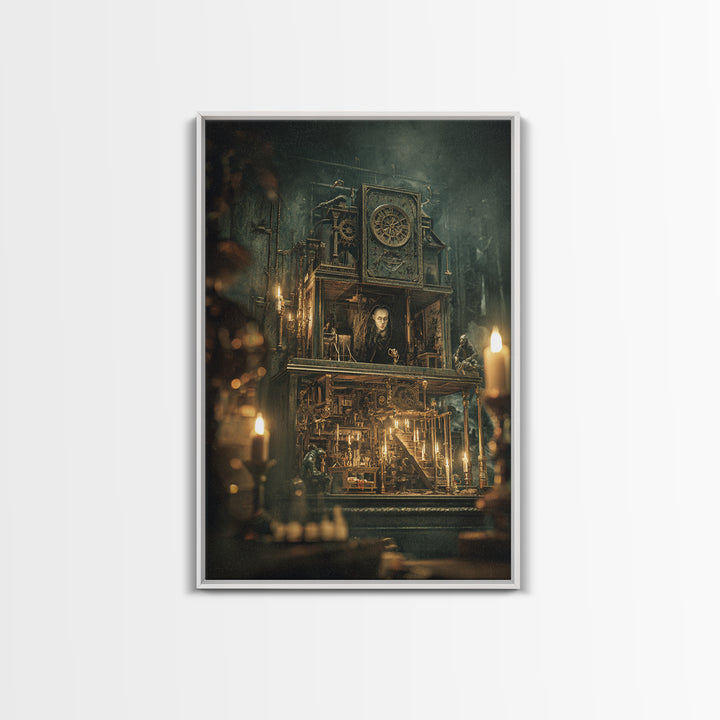 The Clockwork Haunted House, Ornate Symbolist Art, Vertical Wall Art, Dark Halloween Decor, Framed Canvas Print, Halloween Wall Art
