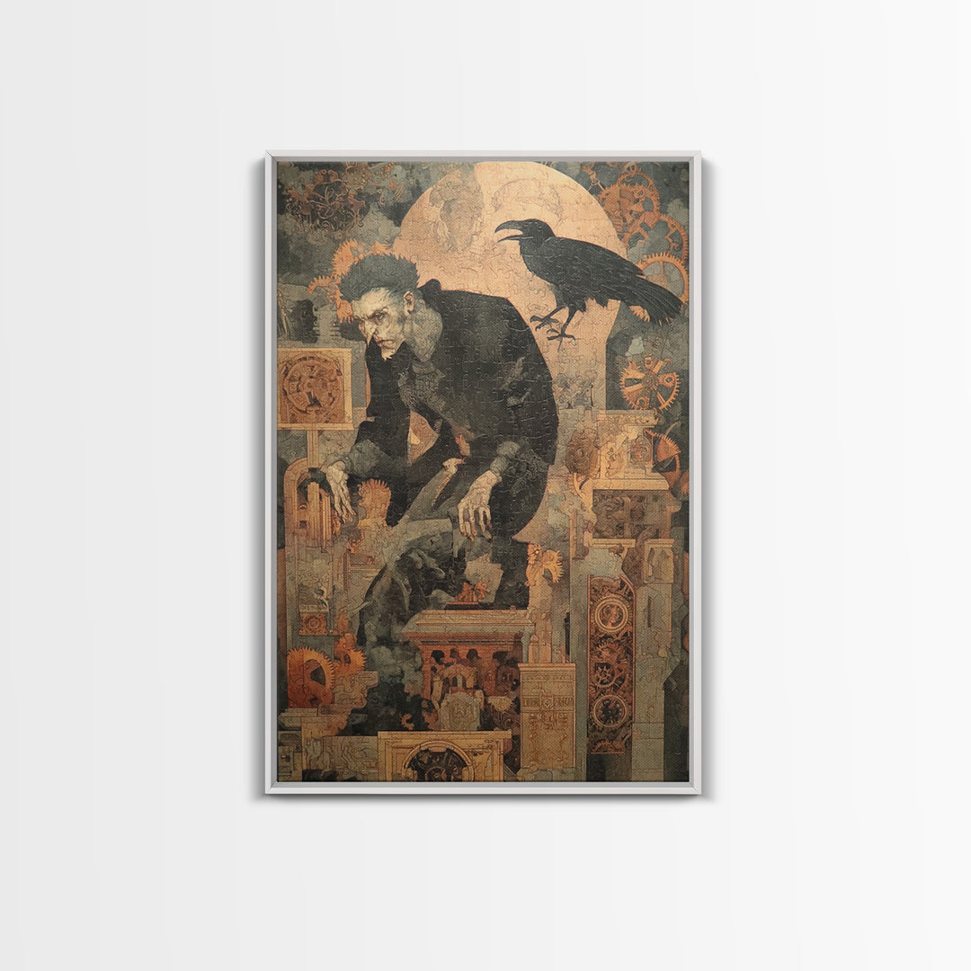 The Clockwork Haunted House, Symbolist Etching Art, Vertical Wall Art, Dark Halloween Decor, Canvas Print, Halloween Wall Art