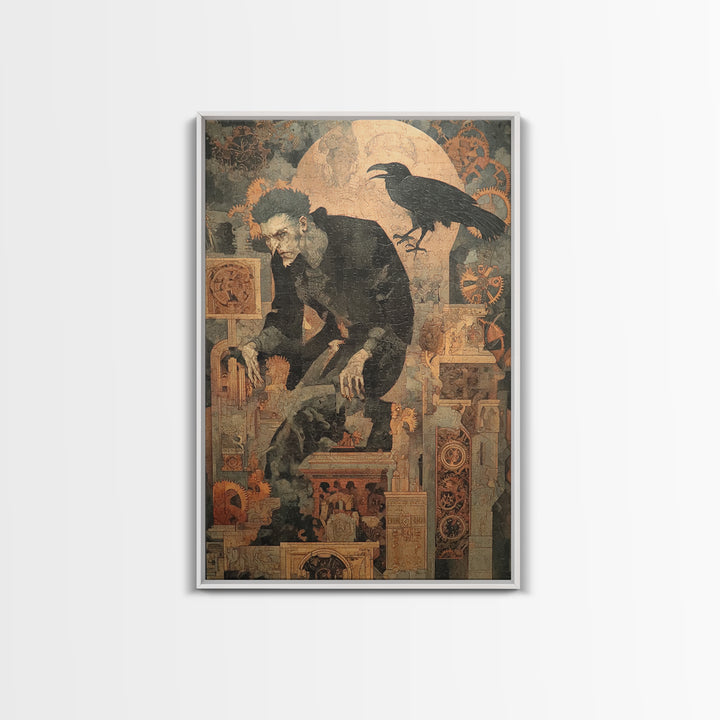 The Clockwork Haunted House, Symbolist Etching Art, Vertical Wall Art, Dark Halloween Decor, Canvas Print, Halloween Wall Art