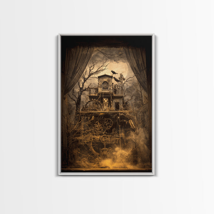 The Clockwork Haunted House, Expressionist Gothic Art, Vertical Wall Art, Dark Fantasy Wall Art, Framed Canvas Print, Halloween Wall Art
