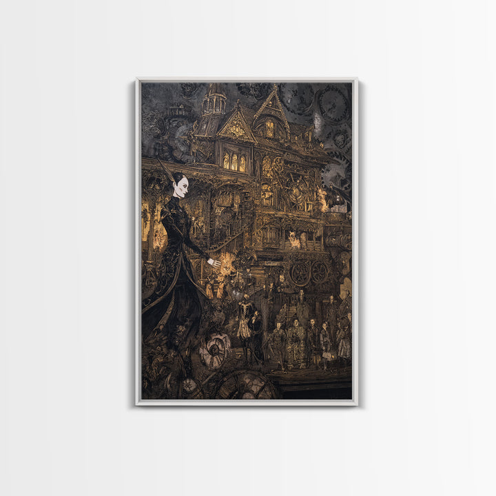 The Clockwork Haunted House, Stained Glass Gothic Art, Vertical Wall Art, Dark Fantasy Wall Art, Canvas Print, Halloween Wall Art