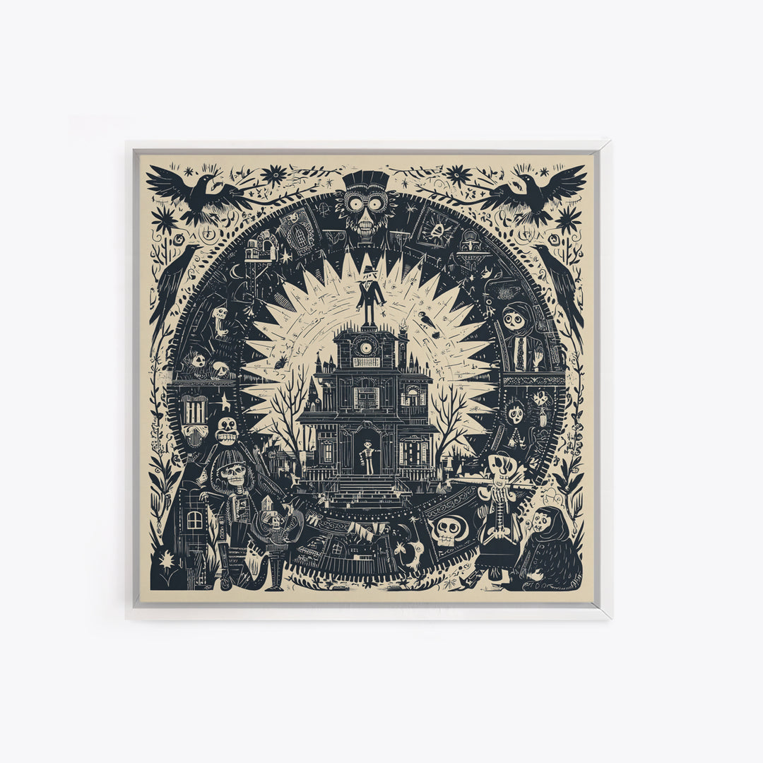 The Clockwork Haunted House, Macabre Folk Print Art, Square Wall Art, Macabre Wall Art, Framed Canvas Print, Halloween Wall Art