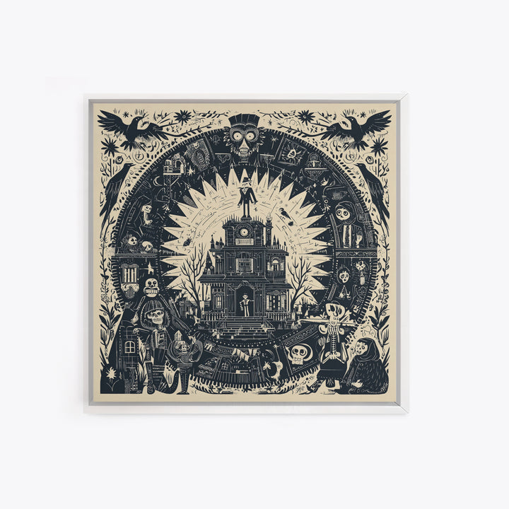 The Clockwork Haunted House, Macabre Folk Print Art, Square Wall Art, Macabre Wall Art, Framed Canvas Print, Halloween Wall Art