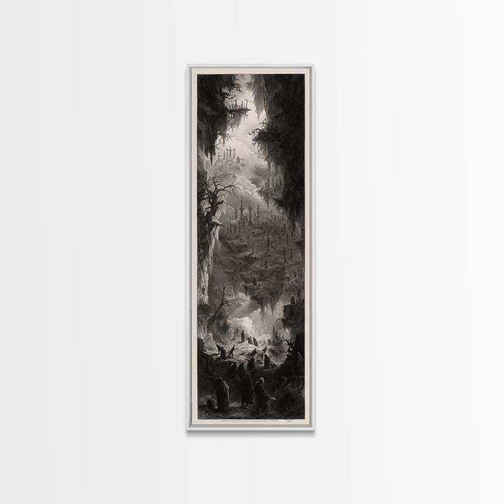 The Upside-Down Cemetery, Gothic Engraving Art, Tall Narrow Wall Art, Gothic Horror Wall Art, Framed Canvas Print, Halloween Wall Art