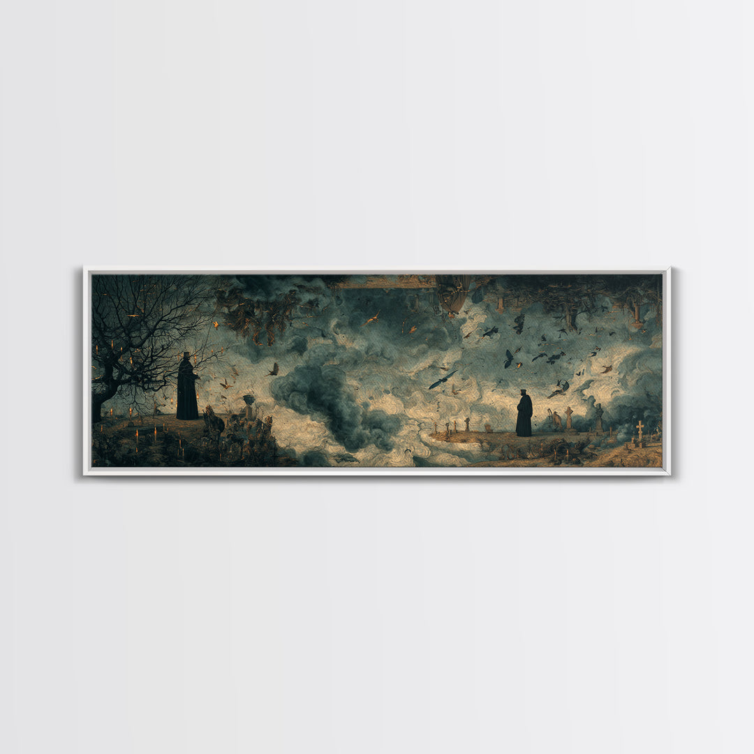 The Upside-Down Cemetery, Medieval Grotesque Art, Extra Wide Wall Art, Macabre Wall Art, Canvas Print, Halloween Wall Art