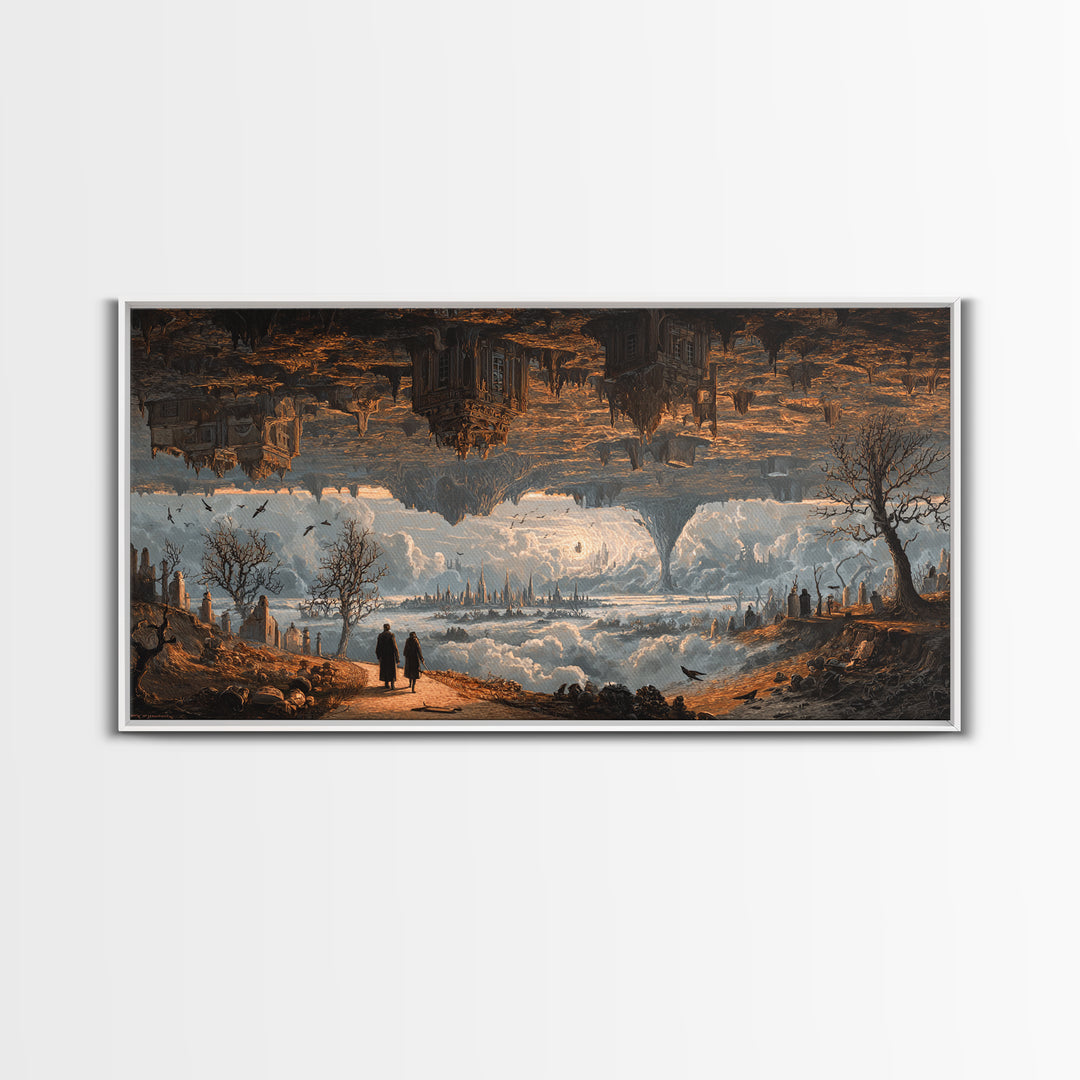 The Upside-Down Cemetery, Apocalyptic Romantic Art, Wide Panoramic Art, Macabre Wall Art, Framed Canvas Print, Halloween Wall Art