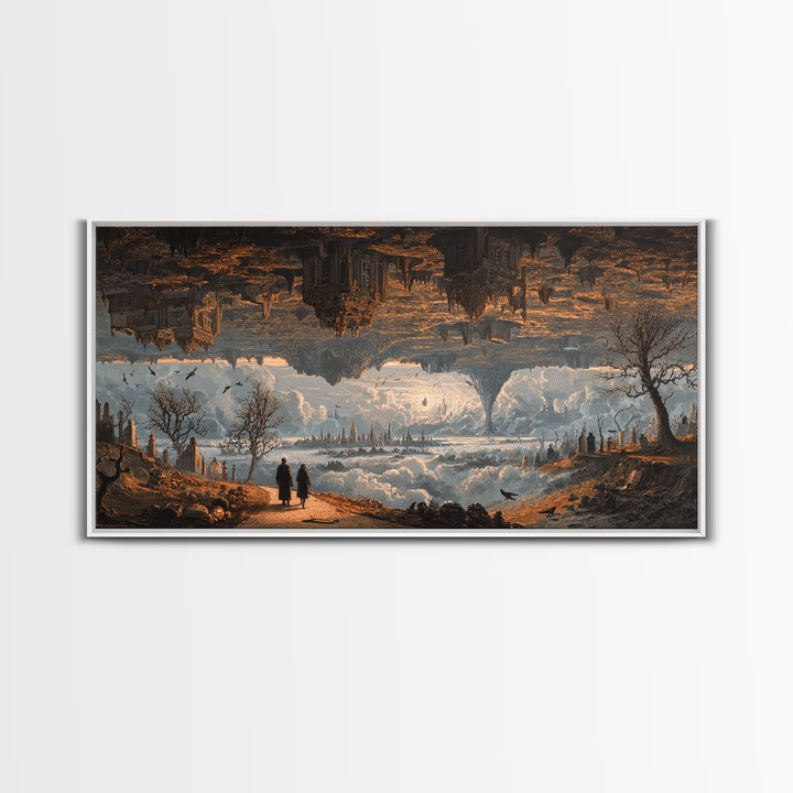 The Upside-Down Cemetery, Apocalyptic Romantic Art, Wide Panoramic Art, Macabre Wall Art, Framed Canvas Print, Halloween Wall Art