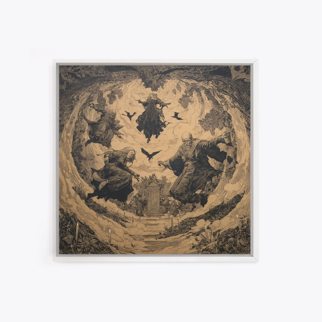 The Upside-Down Cemetery, Symbolist Etching Art, Square Wall Art, Gothic Horror Wall Art, Canvas Print, Halloween Wall Art