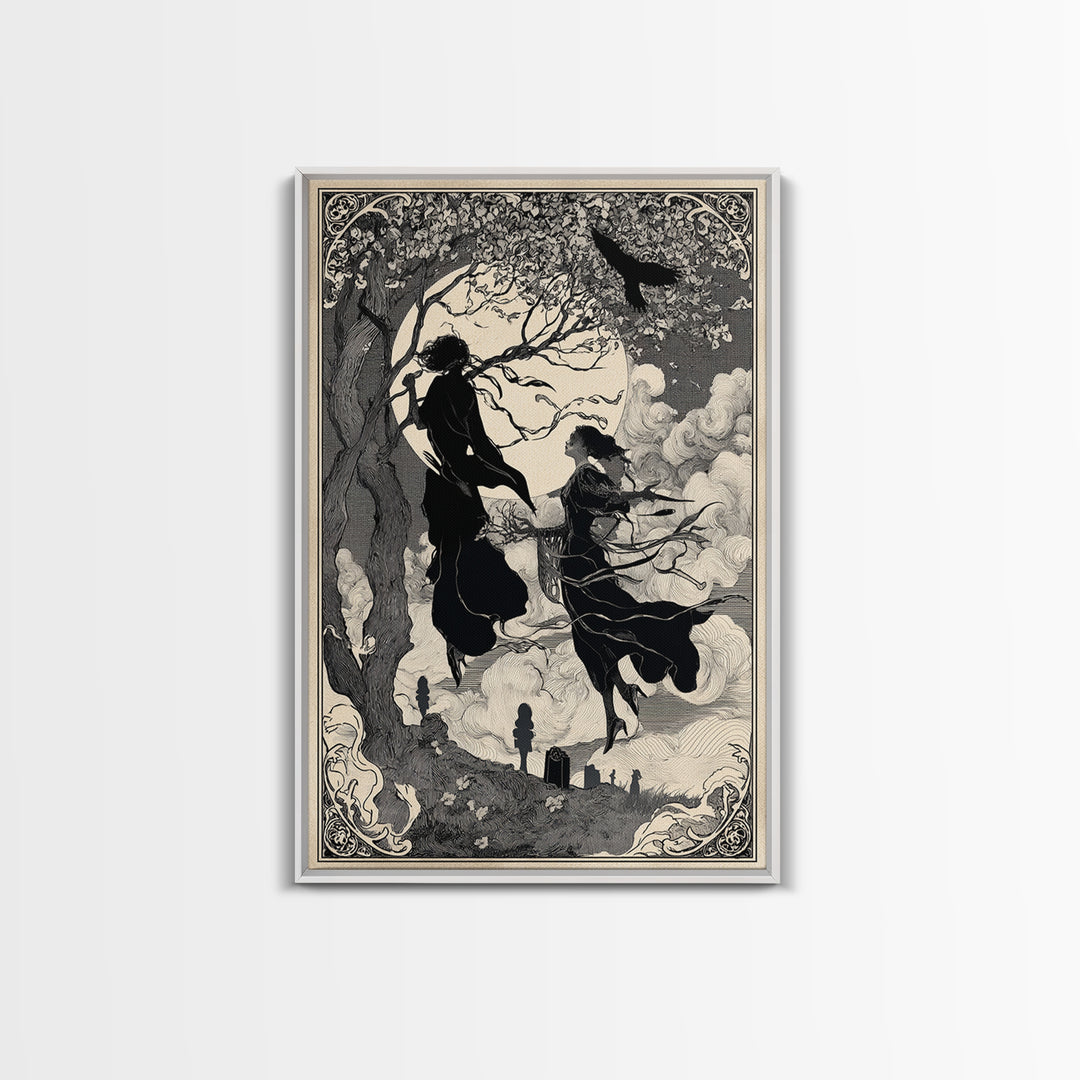 The Upside-Down Cemetery, Decadent Line Art, Vertical Wall Art, Dark Halloween Decor, Canvas Print, Halloween Wall Art