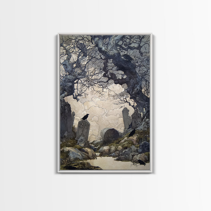 The Upside-Down Cemetery, Gothic Storybook Art, Vertical Wall Art, Dark Fantasy Wall Art, Canvas Print, Halloween Wall Art