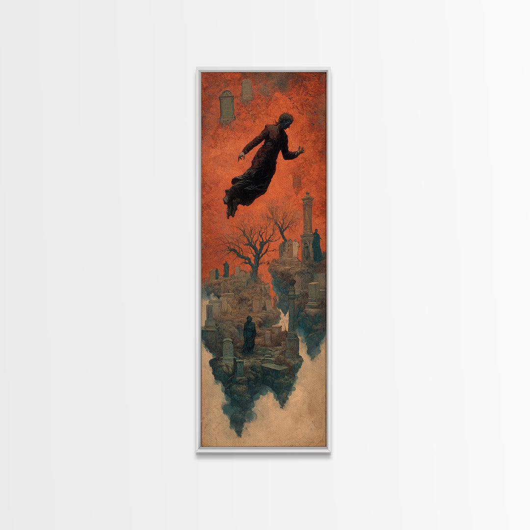 The Upside-Down Cemetery, Surreal Apocalyptic Art, Tall Narrow Wall Art, Macabre Wall Art, Canvas Print, Halloween Wall Art