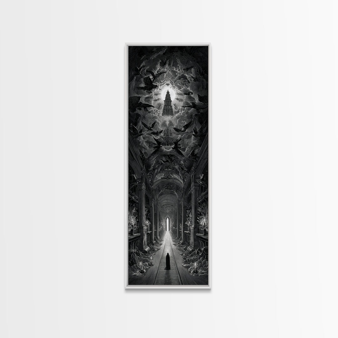 The Infinite Hallway, Gothic Engraving Art, Tall Narrow Wall Art, Macabre Wall Art, Framed Canvas Print, Halloween Wall Art