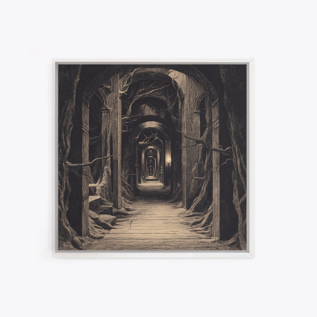 The Infinite Hallway, Expressionist Nightmare Art, Square Wall Art, Macabre Wall Art, Framed Canvas Print, Halloween Wall Art