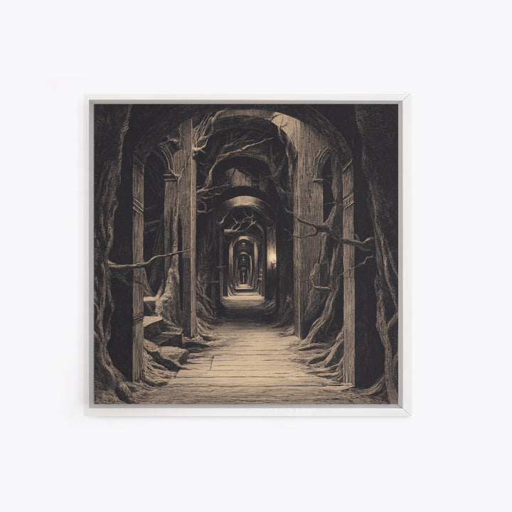 The Infinite Hallway, Expressionist Nightmare Art, Square Wall Art, Macabre Wall Art, Framed Canvas Print, Halloween Wall Art