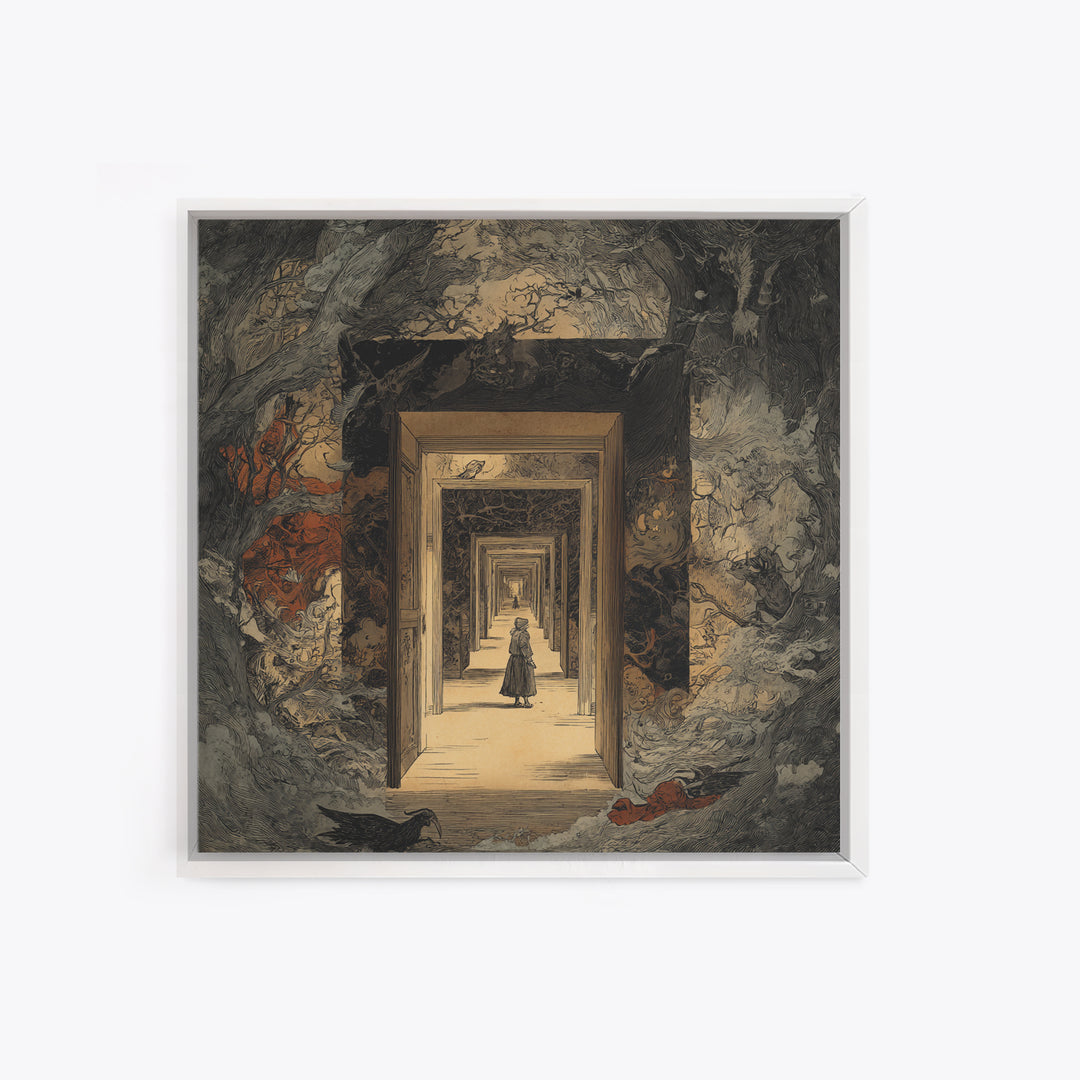 The Infinite Hallway, Gothic Storybook Art, Square Wall Art, Dark Fantasy Wall Art, Canvas Print, Halloween Wall Art