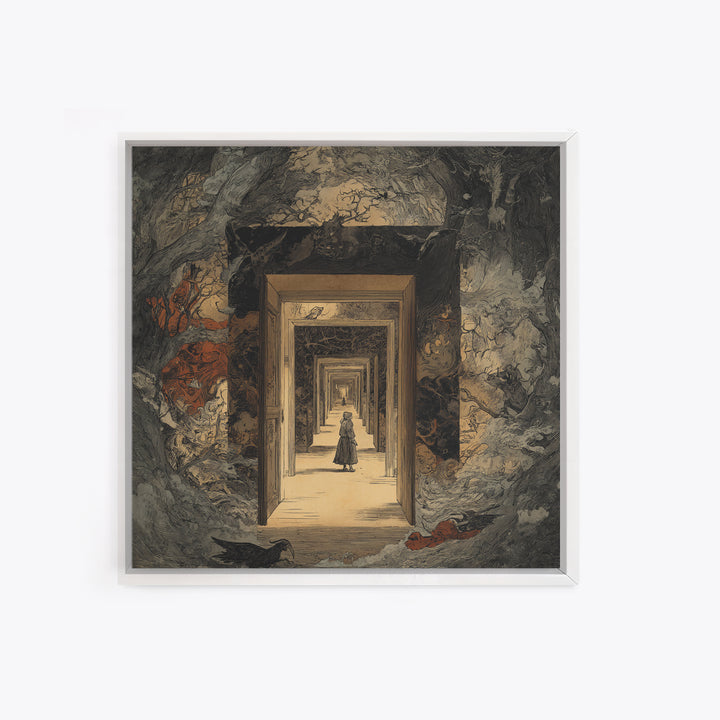 The Infinite Hallway, Gothic Storybook Art, Square Wall Art, Dark Fantasy Wall Art, Canvas Print, Halloween Wall Art